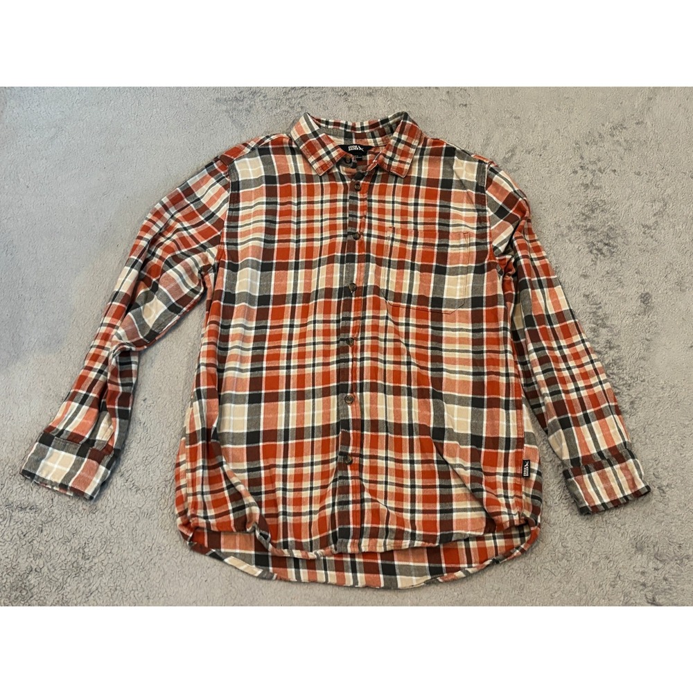 Eddie Bauer Mens Large Plaid Flannel Shirt Orange Black White Long Sleeve Cotton - Picture 1 of 7